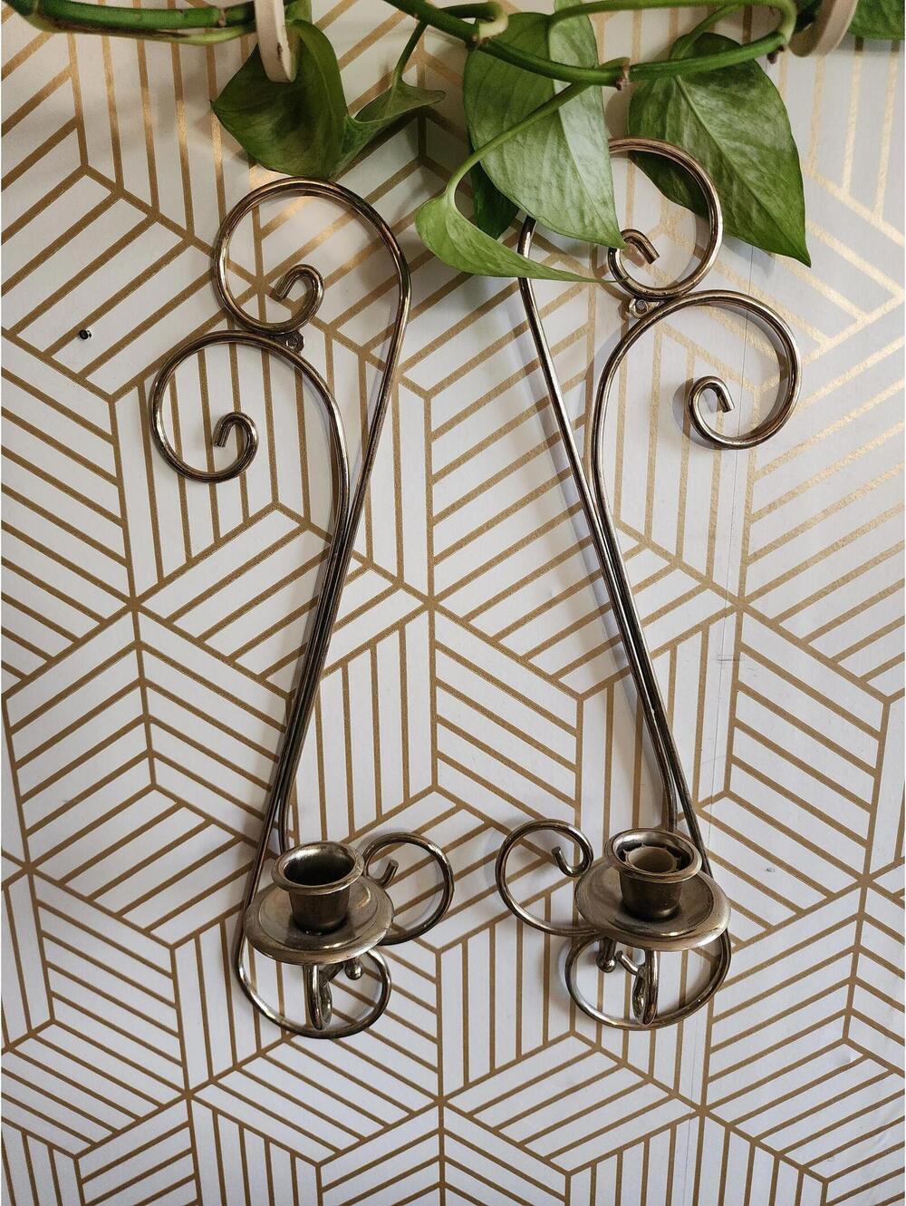 Vintage Gold Brass Scroll Wall Candle Holders Sconce Pair 15"